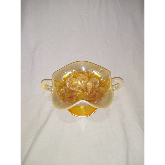 Dugan peach marigold question mark carnival glass footed bon bon with handles - Picture 2 of 7